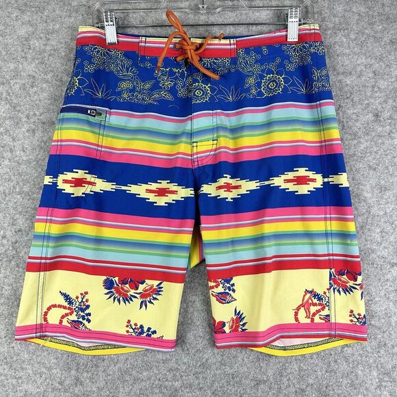 Toes On The Nose Board Shorts Mens 30 Floral Aztec Stripe Beach USA Made FLAWS* - Picture 1 of 14